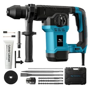 tilswall 1-1/4 inch sds-plus rotary hammer drill 1500w, safety clutch 4 function and adjustable soft grip handle with vibration control, including grease, chisels and drill bits with case