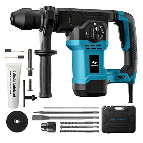 Tilswall 1-1/4 Inch SDS-Plus Rotary Hammer Drill 1500W, Safety Clutch 4 Function and Adjustable Soft Grip Handle with Vibration Control, Including Grease, Chisels and Drill Bits with Case