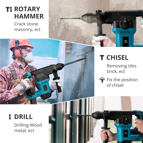 Tilswall 1-1/4 Inch SDS-Plus Rotary Hammer Drill 1500W, Safety Clutch 4 Function and Adjustable Soft Grip Handle with Vibration Control, Including Grease, Chisels and Drill Bits with Case