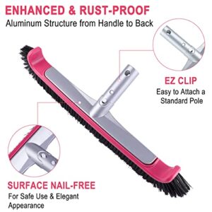 Professional Luxury Swimming Pool Wall & Tile Brush,17.5" Curved Edge Heavy Duty Polished Aluminum Back Head Designed for Cleans Walls, Tiles & Floors, Premium Nylon Bristles with EZ Clips (Ruby red)