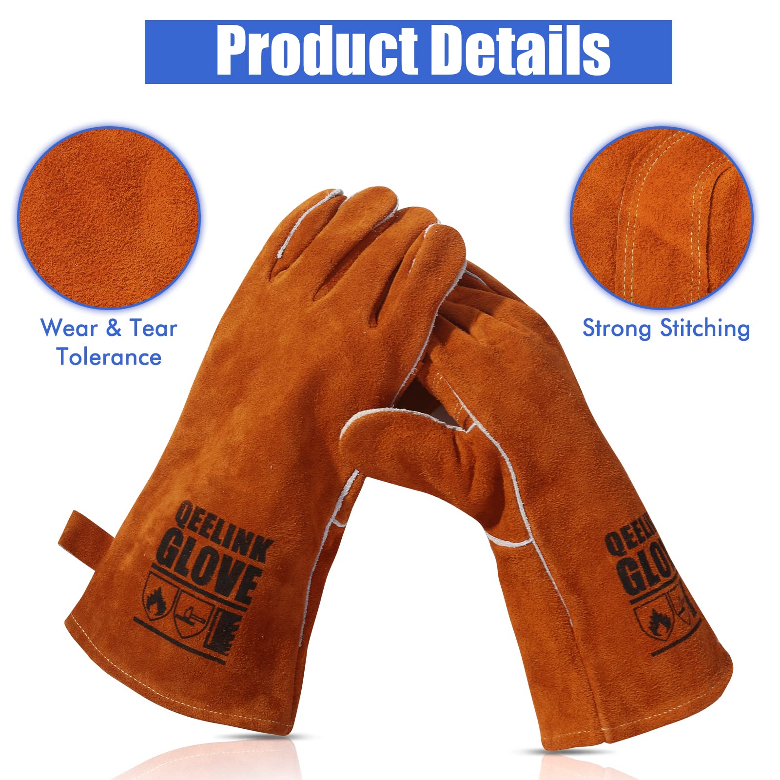 QeeLink Welding Gloves - Heat & Wear Resistant Lined Leather and Fireproof Stitching - For Welders/Fireplace/BBQ/Gardening (14-inch, Brown)