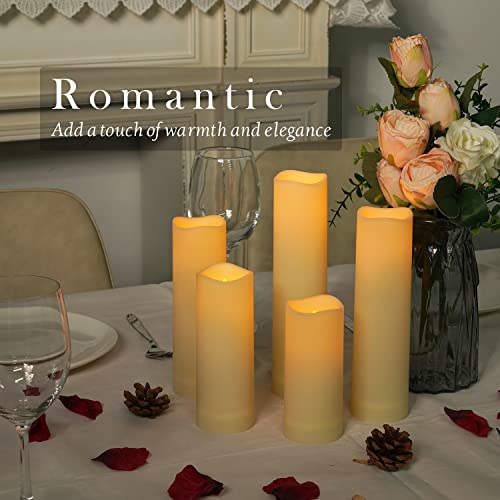 Amagic Flameless Candles Battery Operated Candles Flickering, Outdoor Waterproof LED Pillar Candles with Remote Control and Timer, D 2.2" x H 4" 5" 6", Ivory, Plastic, Set of 9