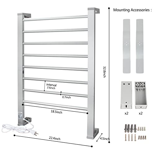 ELEGANTLIFE Electric Towel Warmer with Built-in Timer Auto Power Cutoff,Heavy Feet Steady Freestanding & Wall Mount Towel Warmers for Bathroom,8 Bars Heated Towel Rack Aluminum Oversized