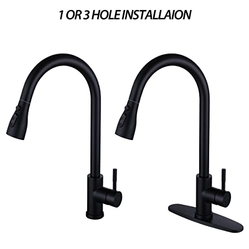 Keonjinn Black Kitchen Faucet with Pull Down Sprayer, Stainless Steel Kitchen Sink Faucet Single Handle Pull Down Kitchen Faucets, High Arc Single Hole Matte Black Kitchen Faucets with Deck Plate