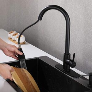 Keonjinn Black Kitchen Faucet with Pull Down Sprayer, Stainless Steel Kitchen Sink Faucet Single Handle Pull Down Kitchen Faucets, High Arc Single Hole Matte Black Kitchen Faucets with Deck Plate