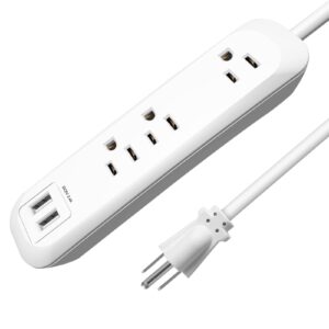power strip surge protector, 3 ac outlets with 2 usb ports (2.4a/12w), white extension cord 6 feet (1250w/10a), 300 joules surge protection, wall mountable for home office, sgs listed