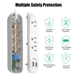 Power Strip Surge Protector, 3 AC Outlets with 2 USB Ports (2.4A/12W), White Extension Cord 6 Feet (1250W/10A), 300 Joules Surge Protection, Wall Mountable for Home Office, SGS Listed