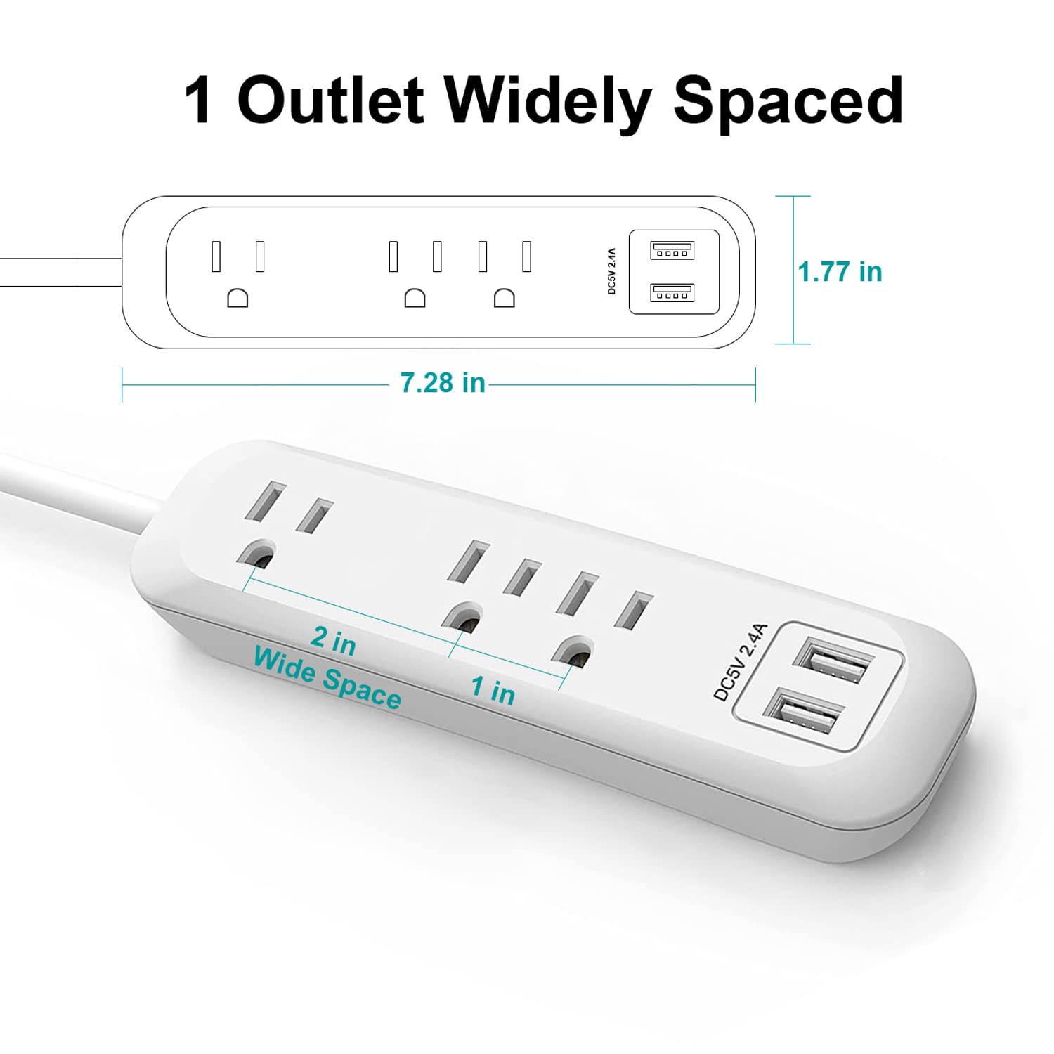 Power Strip Surge Protector, 3 AC Outlets with 2 USB Ports (2.4A/12W), White Extension Cord 6 Feet (1250W/10A), 300 Joules Surge Protection, Wall Mountable for Home Office, SGS Listed