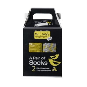 mr. canary yellow 'pair of socks' finch sock feeders, 2pk, seed-filled all-season feeders, 24oz total