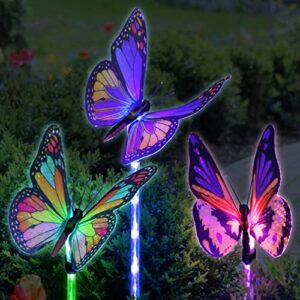 exhart garden solar lights, set of 3 fiber optic butterfly garden stakes, color changing led, outdoor garden decoration, 5 x 30 inch