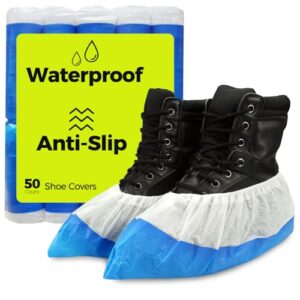 heavy duty shoe covers disposable non slip waterproof, 50 pack, double layer bottom, extra heavy duty durable booties, one size fits most