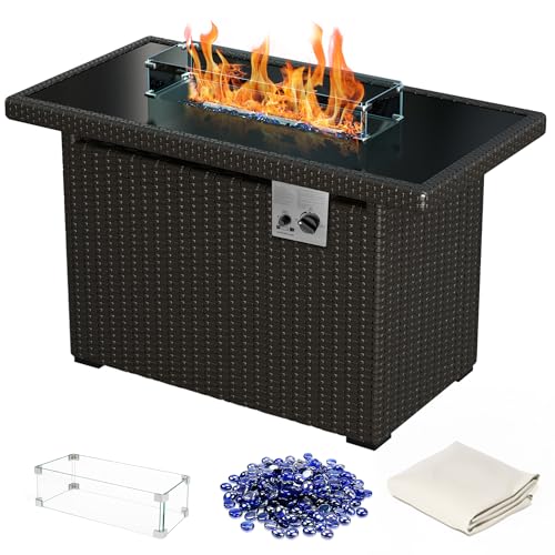 Gorilla Fire Pits 44 inch 50,000 BTU Outdoor Propane Gas Fire Pit Table w/Glass Tabletop & Brown Wicker Body (44", Brown Wicker, FPH-BRN)