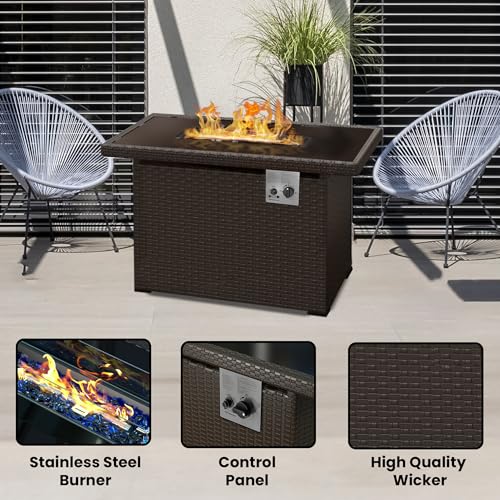 Gorilla Fire Pits 44 inch 50,000 BTU Outdoor Propane Gas Fire Pit Table w/Glass Tabletop & Brown Wicker Body (44", Brown Wicker, FPH-BRN)