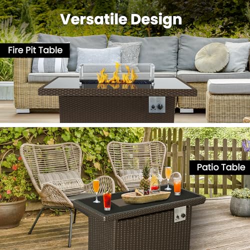 Gorilla Fire Pits 44 inch 50,000 BTU Outdoor Propane Gas Fire Pit Table w/Glass Tabletop & Brown Wicker Body (44", Brown Wicker, FPH-BRN)