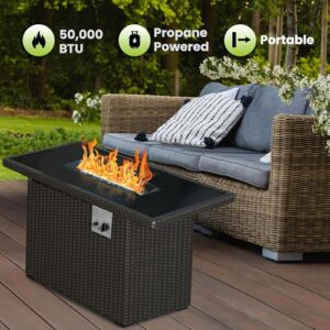 Gorilla Fire Pits 44 inch 50,000 BTU Outdoor Propane Gas Fire Pit Table w/Glass Tabletop & Brown Wicker Body (44", Brown Wicker, FPH-BRN)