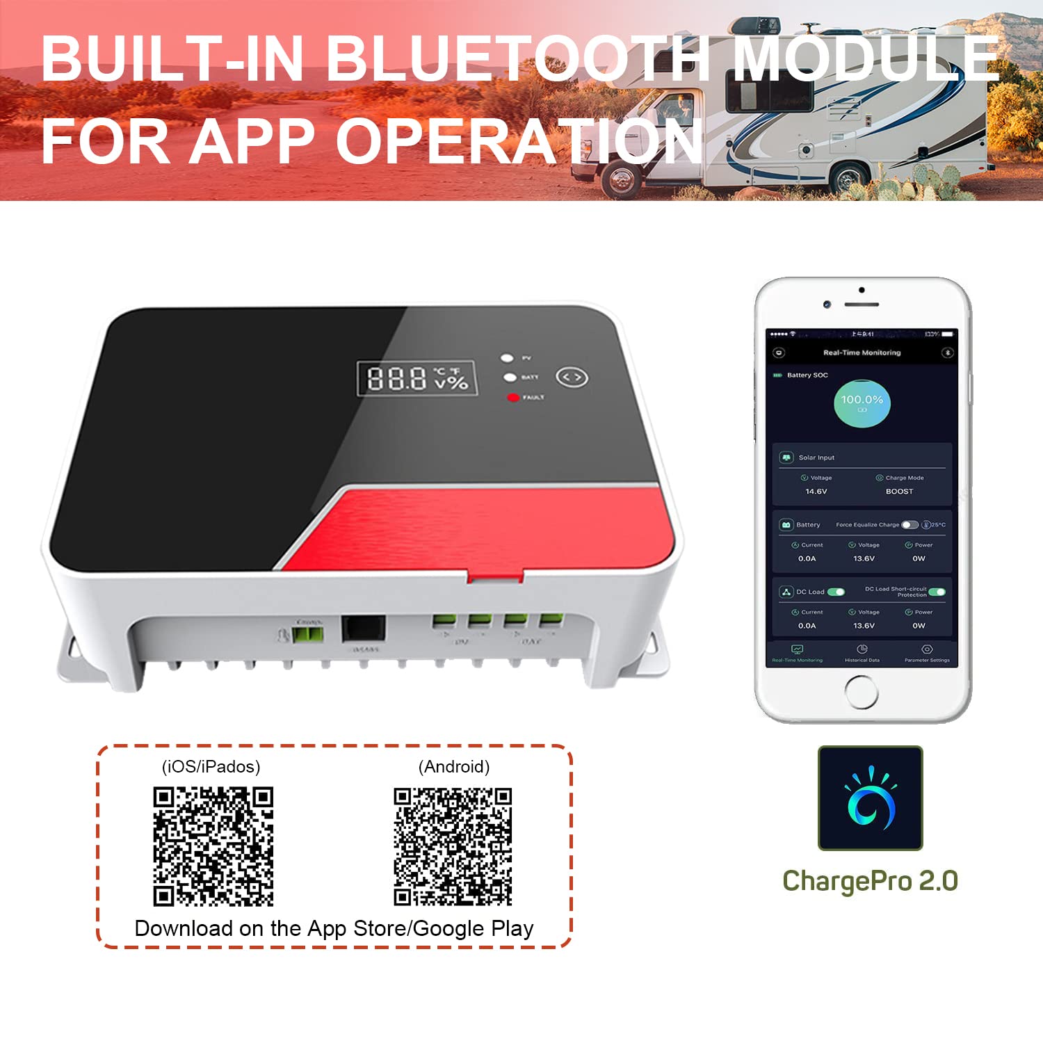 Y&H 20A MPPT Solar Charge Controller 12V/24V DC Input Negative Ground Controller with Bluetooth LCD Display Touch Screen,Solar Panel Regulator for AGM, Gel, Flooded, and Lithium