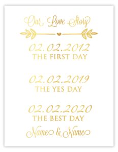 our love story important dates sign, choose your foil color and unframed print size, gold foil wedding signs the first day the yes day the best day, anniversary gift, romantic engagement poster