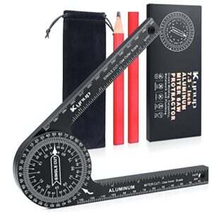 kynup aluminum angle finder, miter saw protractor with 2 pencils/storage bag featuring inch/mm, laser engraved scales for woodworking, carpentry, plumbing, metalworking