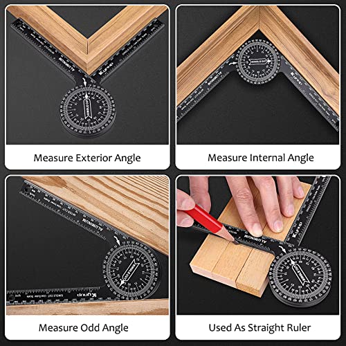 Kynup Aluminum Angle Finder, Miter Saw Protractor with 2 Pencils/Storage Bag Featuring Inch/MM, Laser Engraved Scales for Woodworking, Carpentry, Plumbing, Metalworking