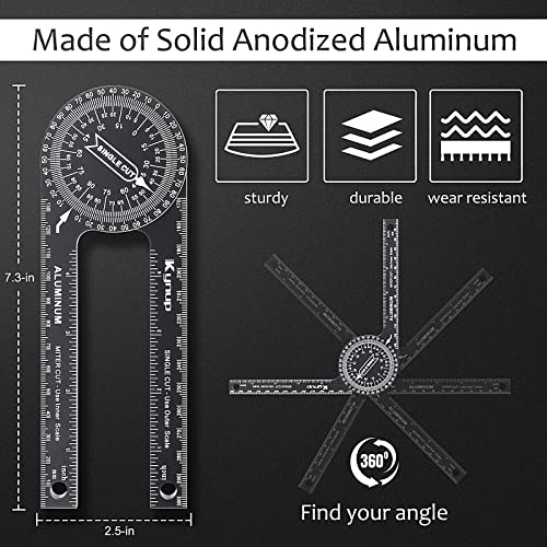 Kynup Aluminum Angle Finder, Miter Saw Protractor with 2 Pencils/Storage Bag Featuring Inch/MM, Laser Engraved Scales for Woodworking, Carpentry, Plumbing, Metalworking