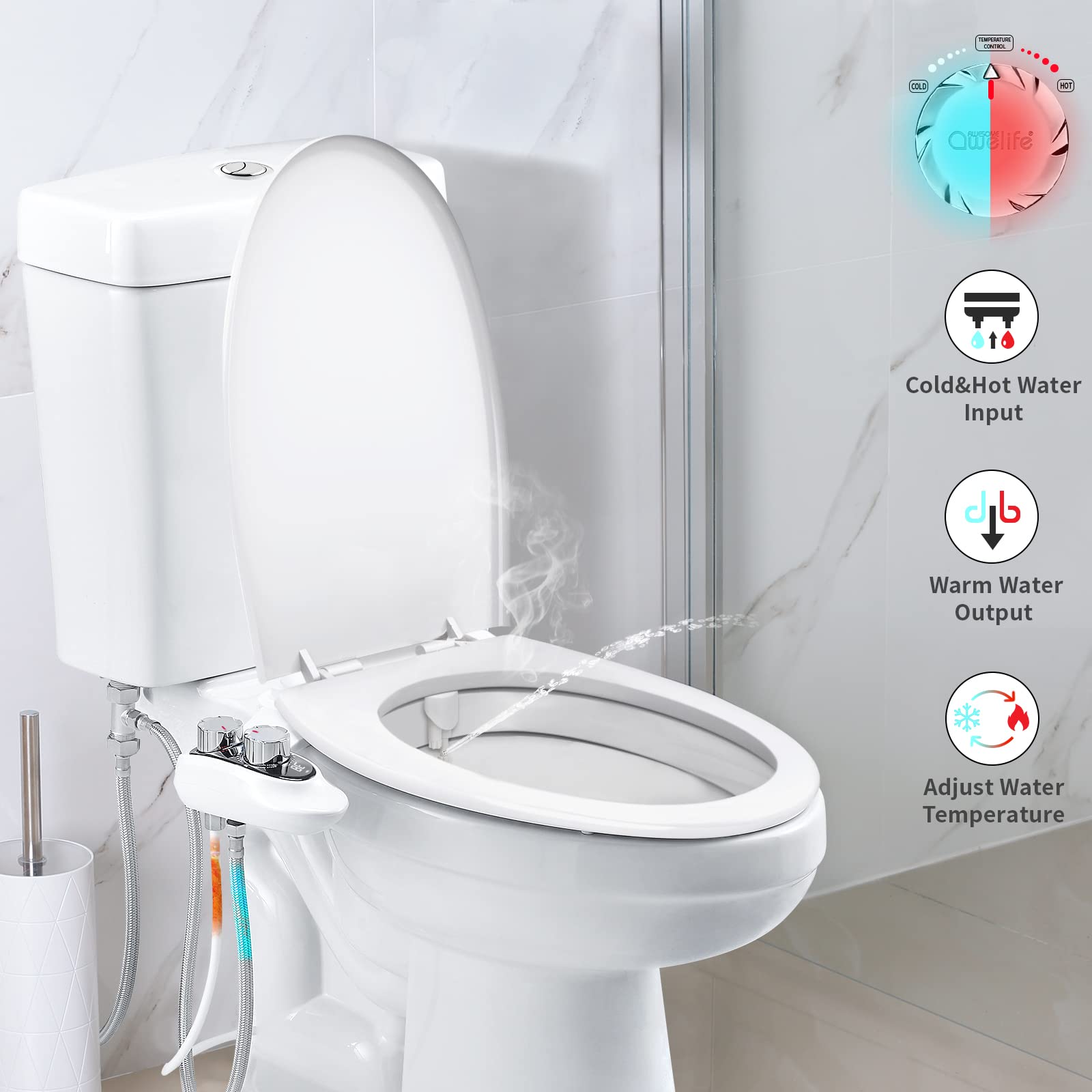 Bidet Attachment for Toilet Warm Water, Low Battery Consumption Temperature Display, Fresh Water Sprayer, Non-Electric Manual Bidet, Dual Nozzle Self Cleaning Hot and Cold Bidet Attachment