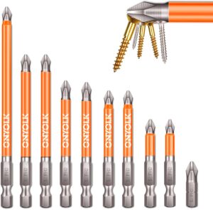onyolk 10-piece phillips magnetic screwdriver bit set, s2 alloy steel anti-slip long drill bits, 1/4 hex shank, fine tooth design, strong magnetism, size 1"- 5", ph2