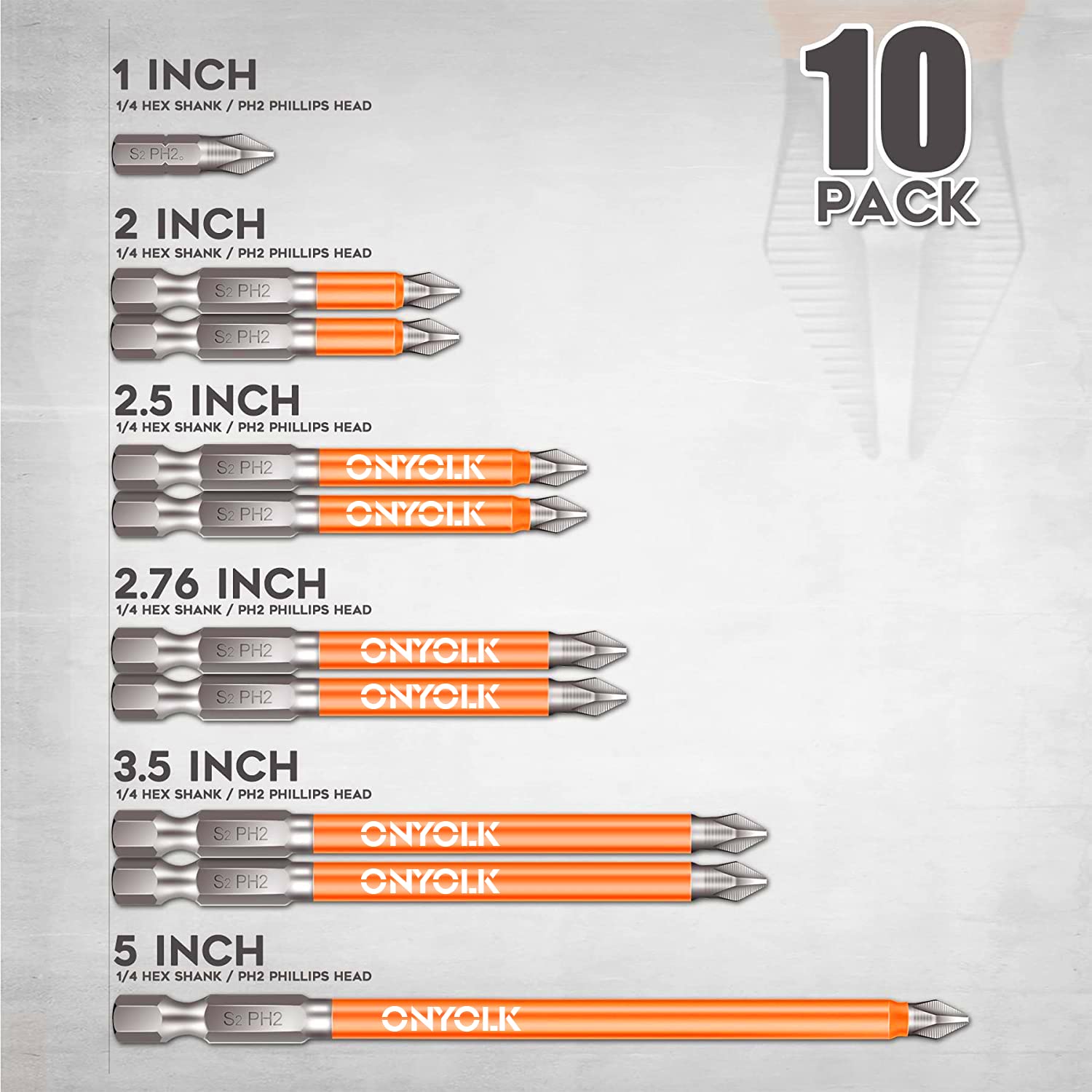 OnYolk 10-Piece Phillips Magnetic Screwdriver Bit Set, S2 Alloy Steel Anti-Slip Long Drill Bits, 1/4 Hex Shank, Fine Tooth Design, Strong Magnetism, Size 1"- 5", PH2