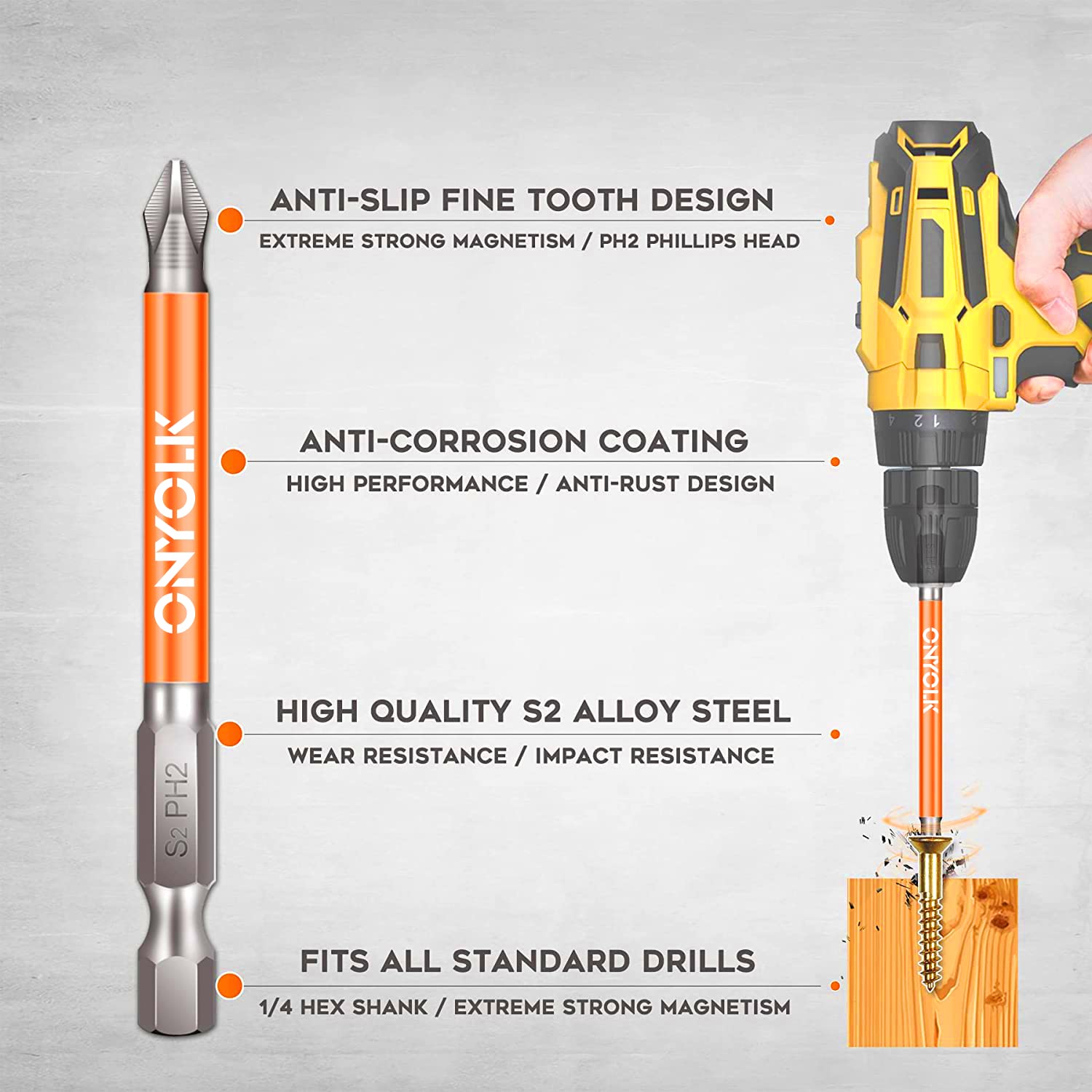 OnYolk 10-Piece Phillips Magnetic Screwdriver Bit Set, S2 Alloy Steel Anti-Slip Long Drill Bits, 1/4 Hex Shank, Fine Tooth Design, Strong Magnetism, Size 1"- 5", PH2