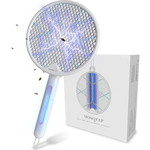 MOSQZAP Electric Fly Swatter, Foldable Bug Zapper Racket, 3,500Volt Mosquito Killer Electronic Fly Zapper w/Purple Light Attractant for Home Indoor Outdoor, Large Size, White