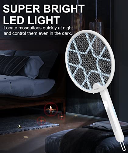 MOSQZAP Electric Fly Swatter, Foldable Bug Zapper Racket, 3,500Volt Mosquito Killer Electronic Fly Zapper w/Purple Light Attractant for Home Indoor Outdoor, Large Size, White