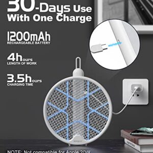 MOSQZAP Electric Fly Swatter, Foldable Bug Zapper Racket, 3,500Volt Mosquito Killer Electronic Fly Zapper w/Purple Light Attractant for Home Indoor Outdoor, Large Size, White