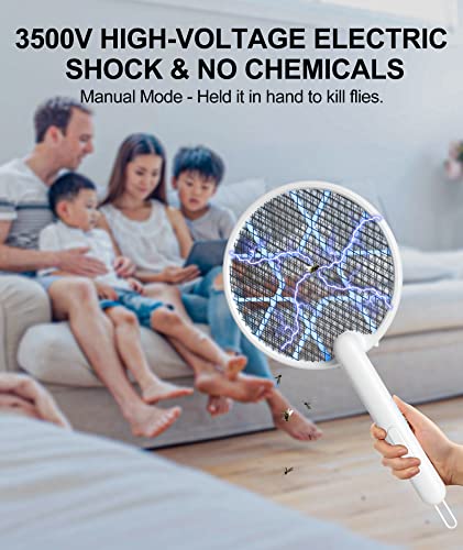 MOSQZAP Electric Fly Swatter, Foldable Bug Zapper Racket, 3,500Volt Mosquito Killer Electronic Fly Zapper w/Purple Light Attractant for Home Indoor Outdoor, Large Size, White