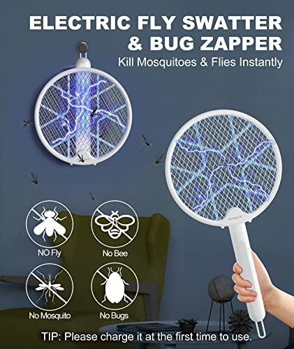 MOSQZAP Electric Fly Swatter, Foldable Bug Zapper Racket, 3,500Volt Mosquito Killer Electronic Fly Zapper w/Purple Light Attractant for Home Indoor Outdoor, Large Size, White