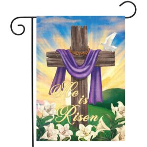 louise maelys easter garden flag 12x18 double sided burlap, small vertical he is risen easter cross garden yard flags for easter spring christmas outdoor outside decoration (only flag)