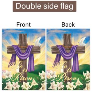 Louise Maelys Easter Garden Flag 12x18 Double Sided Burlap, Small Vertical He is Risen Easter Cross Garden Yard Flags for Easter Spring Christmas Outdoor Outside Decoration (ONLY FLAG)