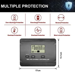 Y&H 30A 12V/24V Flush Mount PWM Negative Ground Solar Charge Controller w/ LCD Display USB Ports, Solar Panel Regulator for Flooded, AGM, Gel, Lithium