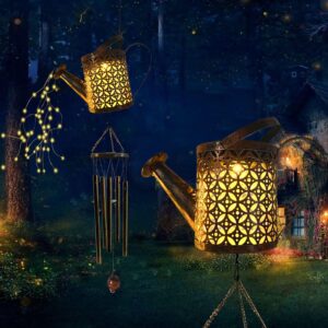 solar wind chimes waterproof metal wind chime with watering can lights unique hanging windchimes outdoor garden decor,without shepherd hook…