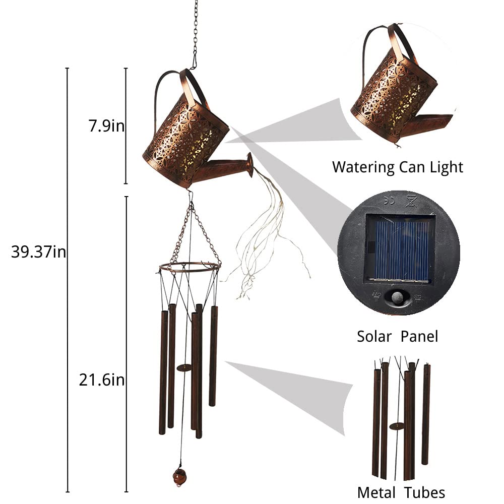 Solar Wind Chimes Waterproof Metal Wind Chime with Watering Can Lights Unique Hanging Windchimes Outdoor Garden Decor,Without Shepherd Hook…