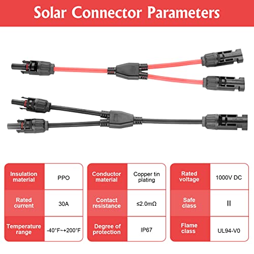 PAEKQ Solar Panel Y Branch Connector, 1 to 2 Solar Parallel Connector, Solar Connectors 30A Rated Current, Parallel Connectors Wire Plug Kit for Solar Panel (2 Pairs M/FF, F/MM)