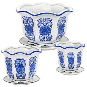 trendy chicon point oriental blue and white porcelain plant pots with drainage holes, mesh tray for indoor outdoor plants. set of 3 chinoiserie designs (7.6x4.8, 5.8x4.0, 4.2x3.5, asian), blue,white