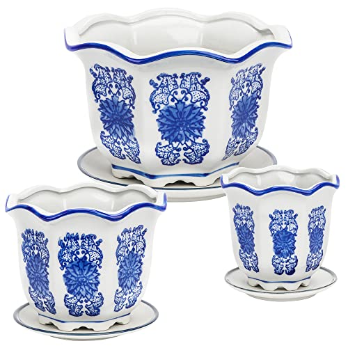 Trendy Chicon Point Oriental Blue and White Porcelain Plant pots with Drainage Holes, mesh Tray for Indoor Outdoor Plants. Set of 3 Chinoiserie Designs (7.6x4.8, 5.8x4.0, 4.2x3.5, Asian), Blue,white