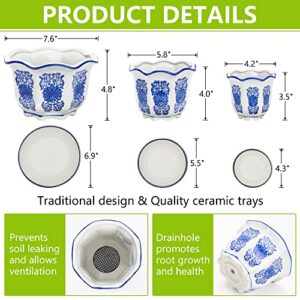 Trendy Chicon Point Oriental Blue and White Porcelain Plant pots with Drainage Holes, mesh Tray for Indoor Outdoor Plants. Set of 3 Chinoiserie Designs (7.6x4.8, 5.8x4.0, 4.2x3.5, Asian), Blue,white