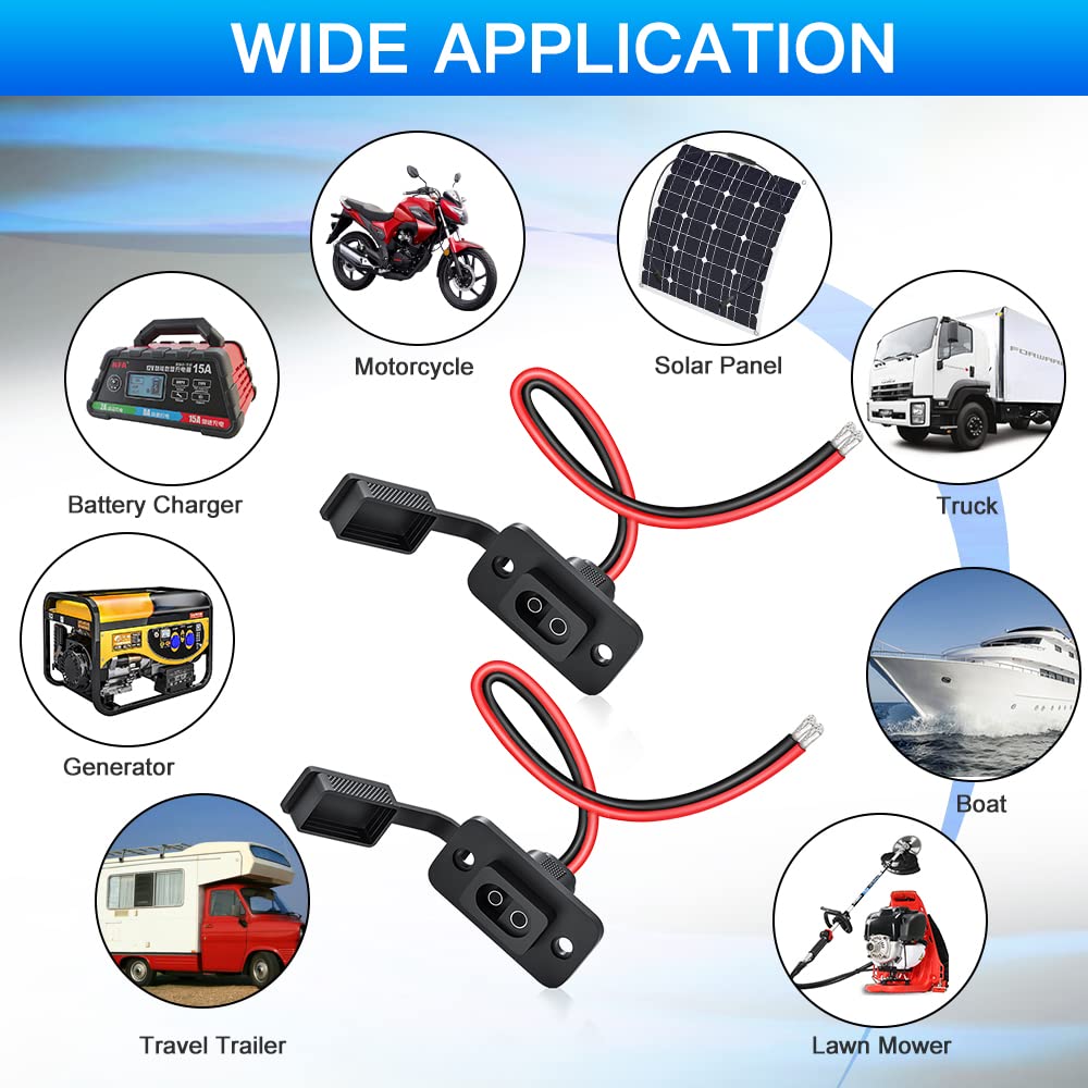 ELECTOP SAE Connector, Rectangular SAE Power Socket Sidewall Port, Weatherproof SAE Quick Connect Solar Panel Flush Mount Plug Outlet, 12AWG SAE Cable for Solar Generator Battery Charger (2 Pack)