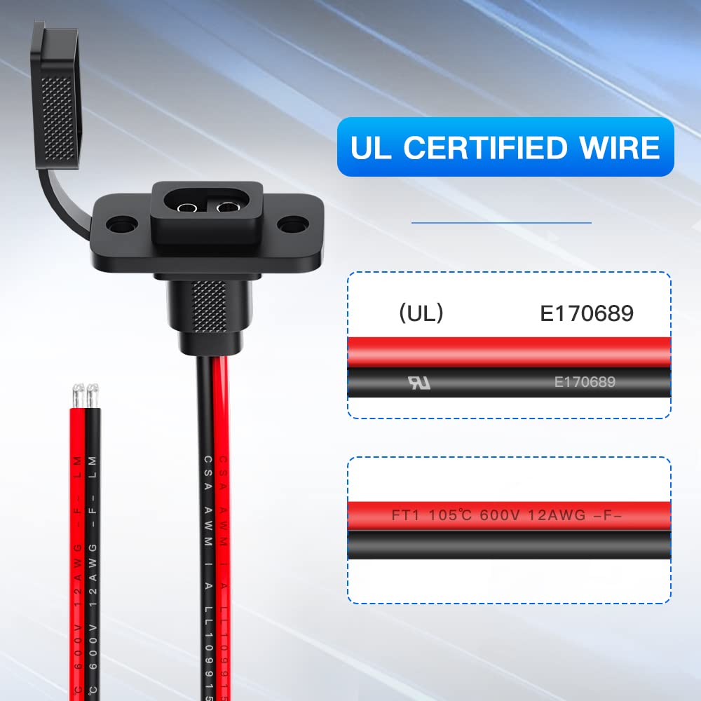 ELECTOP SAE Connector, Rectangular SAE Power Socket Sidewall Port, Weatherproof SAE Quick Connect Solar Panel Flush Mount Plug Outlet, 12AWG SAE Cable for Solar Generator Battery Charger (2 Pack)