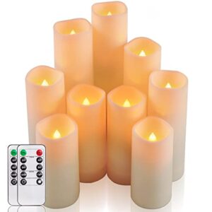 amagic flameless candles battery operated candles flickering, outdoor waterproof led pillar candles with remote control and timer, d 2.2" x h 4" 5" 6" 7" 8" 9", ivory, plastic, set of 9
