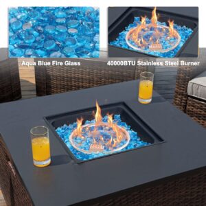 COSIEST Outdoor Propane Fire Pit 32-inch Square Espresso Brown Wicker Fire Table, 40,000 BTU Stainless Steel Burner, Fits 20lb Tank Outside, Aqua Blue Fire Glass and Cover