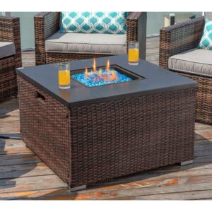 COSIEST Outdoor Propane Fire Pit 32-inch Square Espresso Brown Wicker Fire Table, 40,000 BTU Stainless Steel Burner, Fits 20lb Tank Outside, Aqua Blue Fire Glass and Cover