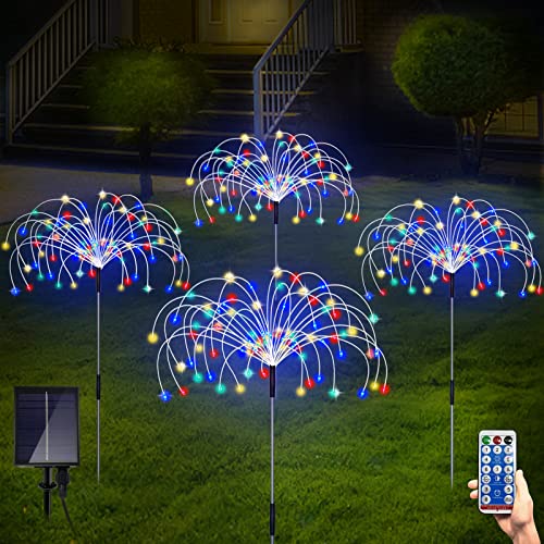 Solar Firework Lights Garden Lights Outdoor, 4 Pack Decorative Solar Lamps Waterproof with Remote, 8 Lighting Modes 120 LED Twinkling Landscape Outdoor Decor for Home Pathway Backyard Lawn-Colorful