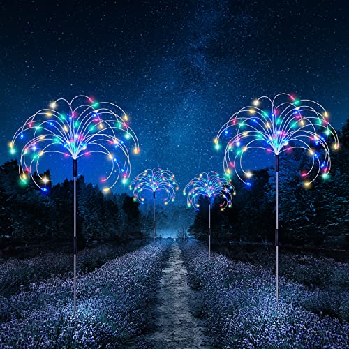 Solar Firework Lights Garden Lights Outdoor, 4 Pack Decorative Solar Lamps Waterproof with Remote, 8 Lighting Modes 120 LED Twinkling Landscape Outdoor Decor for Home Pathway Backyard Lawn-Colorful