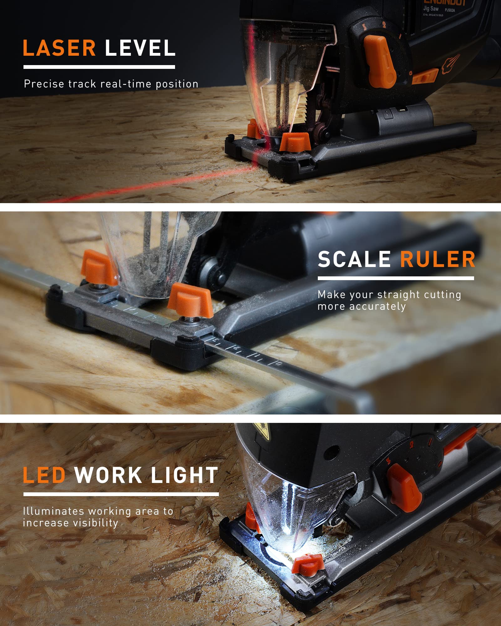 6.7 Amp 800W Jigsaw, ENGiNDOT (800-3000 SPM) Jig Saw with 6 Variable Speed, Laser & LED, 4 Orbital Sets, 6 Blades, 45° Bevel Cutting, Scale Ruler, Dust Blowing for Wood, Metal and Plastic Cutting